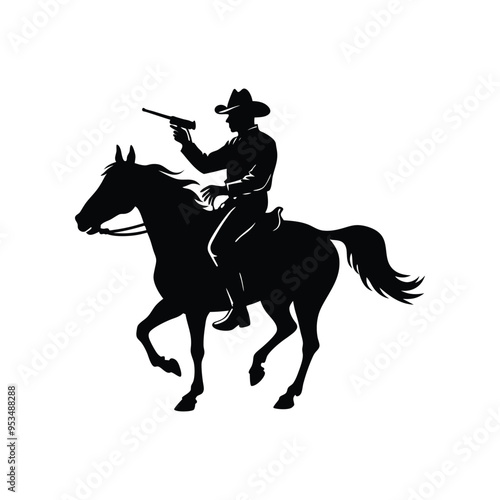 Cowboy silhouette on galloping horse in dynamic black and white western action scene