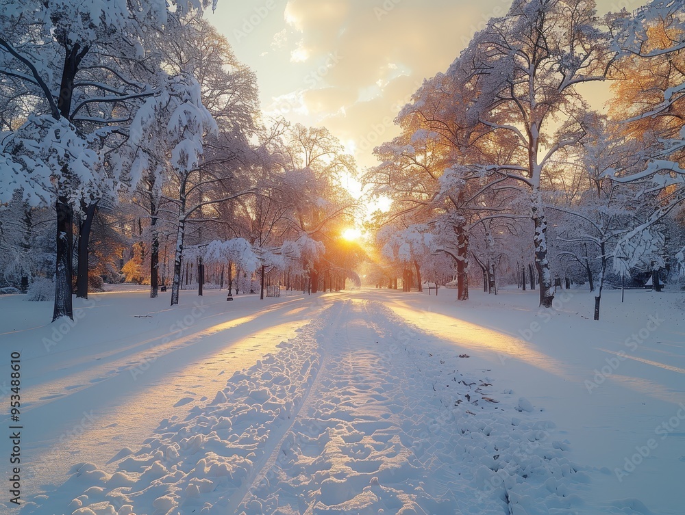 A serene winter landscape with snow-covered trees and a sunset illuminating the path through a peaceful, quiet forest. A serene winter landscape with snow-covered trees and a sunset illuminating the path through a peaceful, quiet forest.