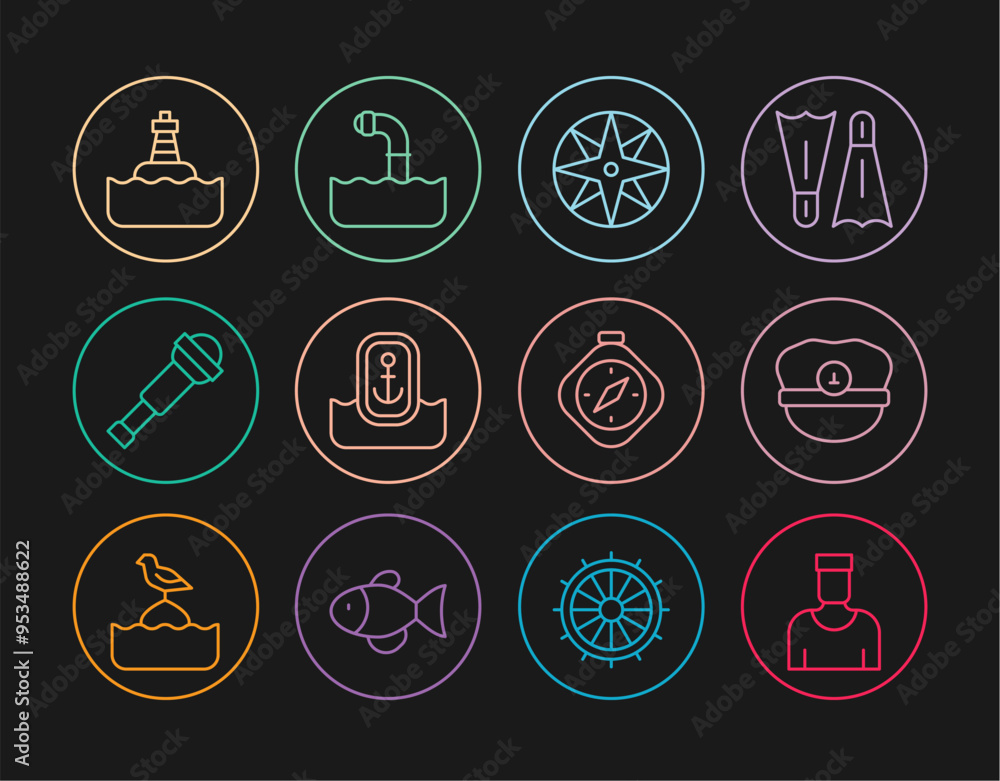 Set line Sailor captain, Captain hat, Wind rose, Location with anchor, Spyglass telescope lens, Floating buoy, Compass and Periscope icon. Vector Set line Sailor captain, Captain hat, Wind rose, Location with anchor, Spyglass telescope lens, Floating buoy, Compass and Periscope icon. Vector