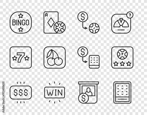 Set line Money prize in casino, Lottery ticket, Casino chips exchange, win, Bingo, Slot machine with cherry, and Online poker table game icon. Vector