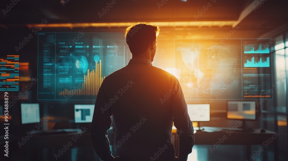 A financial analyst carefully examines multiple screens displaying complex data and charts in a dimly lit office, focused on market trends and analysis.. A financial analyst carefully examines multiple screens displaying complex data and charts in a dimly lit office, focused on market trends and analysis..