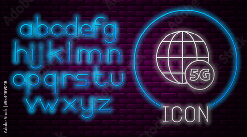 Glowing neon line 5G new wireless internet wifi connection icon isolated on brick wall background. Global network high speed connection data rate technology. Neon light alphabet. Vector