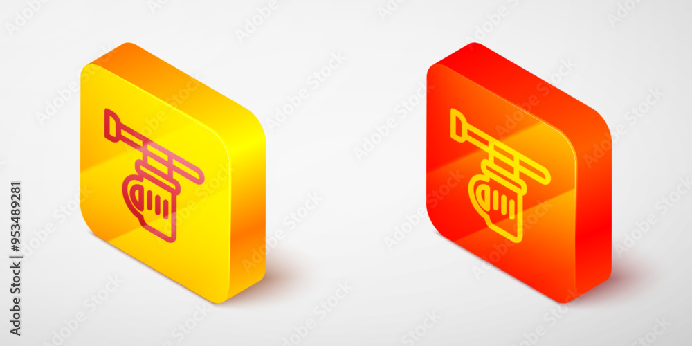 Isometric line Street signboard with glass of beer icon isolated on grey background. Suitable for advertisements bar, cafe, pub, restaurant. Yellow and orange square button. Vector Isometric line Street signboard with glass of beer icon isolated on grey background. Suitable for advertisements bar, cafe, pub, restaurant. Yellow and orange square button. Vector