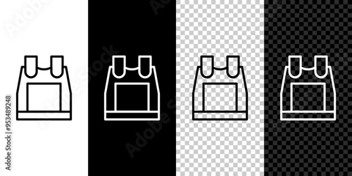 Set line Bulletproof vest for protection from bullets icon isolated on black and white background. Body armor sign. Military clothing. Vector