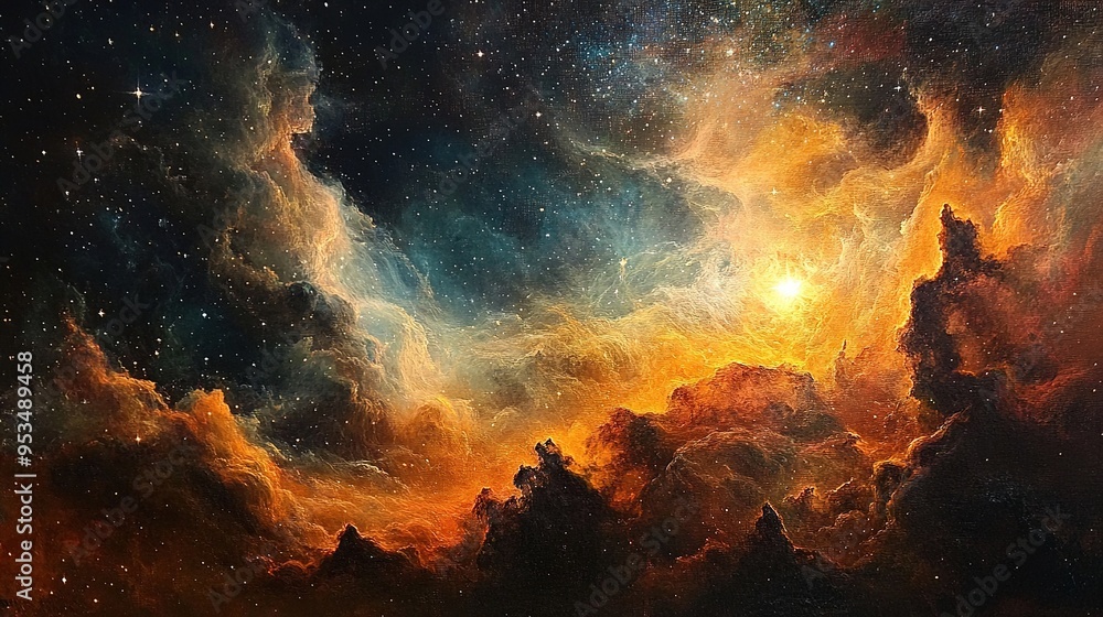 Fototapeta premium Stellar Birth: A Cosmic Tapestry of Gas and Dust in an Oil Painting, Embracing the Warmth and Energy of Newborn Stars