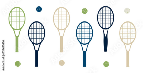 Vector tennis rackets and balls silhouette set isolated on white background.