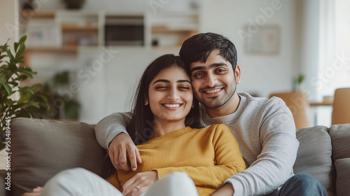 A cheerful Indian couple sitting closely on a sofa, embracing each other, modern and cozy living room, happy and relaxed, love and warmth, with room for text