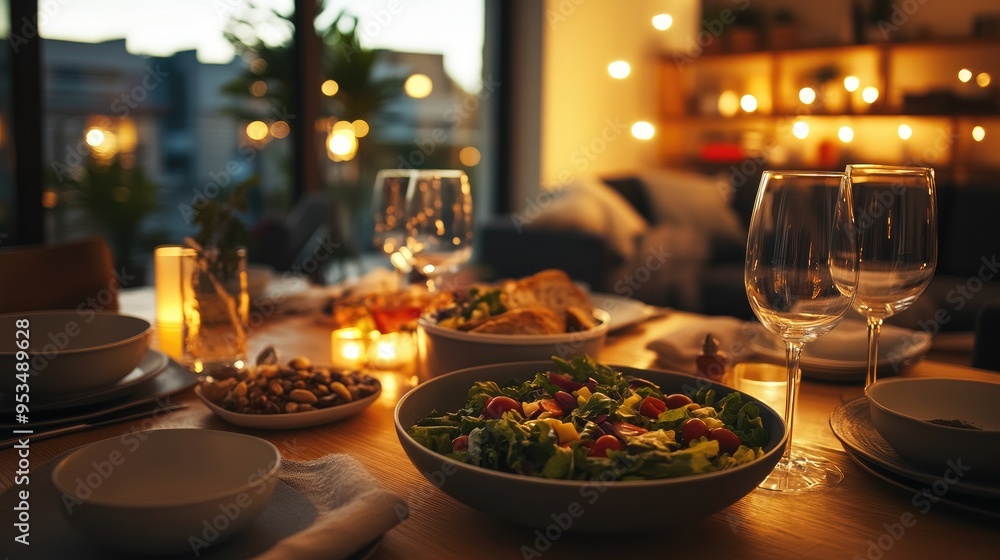 A vibrant salad in a white bowl on a dinner table set with plates and glasses, surrounded by soft, warm lighting.. A vibrant salad in a white bowl on a dinner table set with plates and glasses, surrounded by soft, warm lighting..