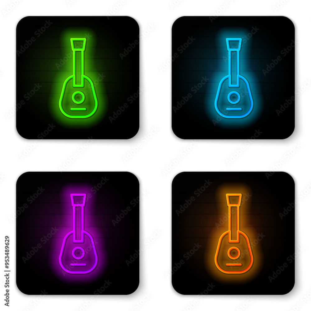 Glowing neon line Guitar icon isolated on white background. Acoustic guitar. String musical instrument. Black square button. Vector Glowing neon line Guitar icon isolated on white background. Acoustic guitar. String musical instrument. Black square button. Vector