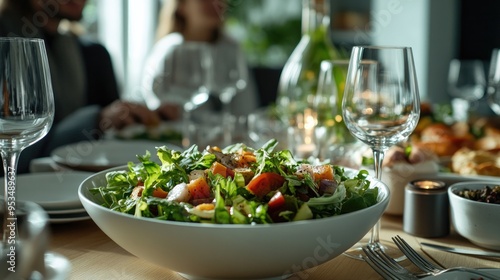 A vibrant salad in a white bowl on a dinner table set with plates and glasses, surrounded by soft, warm lighting..