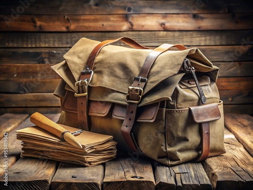 Vintage canvas mail bag with worn leather straps and brass buckles, overflowing with envelopes and packages, against a rustic wooden table background. photo