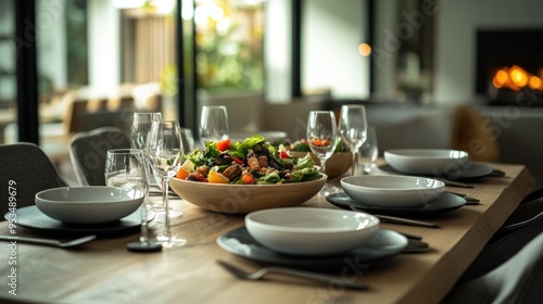 A vibrant salad in a white bowl on a dinner table set with plates and glasses, surrounded by soft, warm lighting..