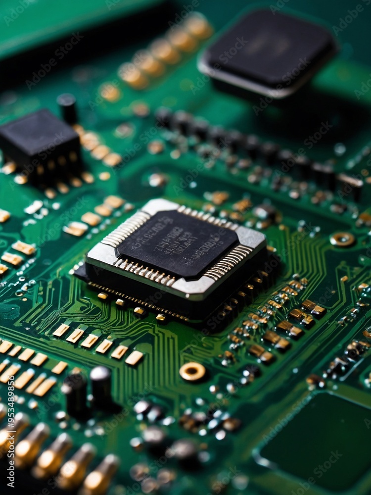 A detailed circuit chip against a green board, emphasizing precision engineering in computer components. A detailed circuit chip against a green board, emphasizing precision engineering in computer components.