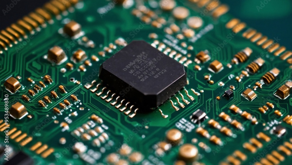A detailed circuit chip against a green board, showcasing precision engineering in computer components. A detailed circuit chip against a green board, showcasing precision engineering in computer components.