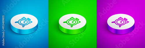 Isometric line Alarm clock icon isolated on blue, green and purple background. Wake up, get up concept. Time sign. White circle button. Vector