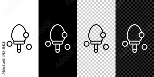 Set line Racket for playing table tennis icon isolated on black and white, transparent background. Vector