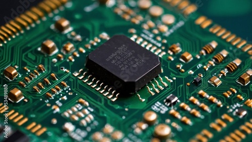 A detailed circuit chip against a green board, showcasing precision engineering in computer components.