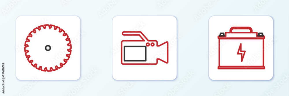 Set line Car battery, Circular saw blade and Cinema camera icon. Vector Set line Car battery, Circular saw blade and Cinema camera icon. Vector