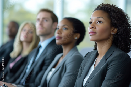 Professionals seated in a bright conference room, paying close attention to a presentation, diverse group, business attire, career development, focused expressions, modern office e