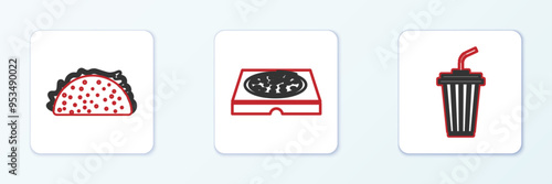 Set line Glass with water, Taco tortilla and Pizza in cardboard box icon. Vector