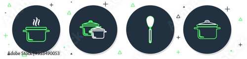 Set line Cooking pot, Kitchen whisk, and icon. Vector
