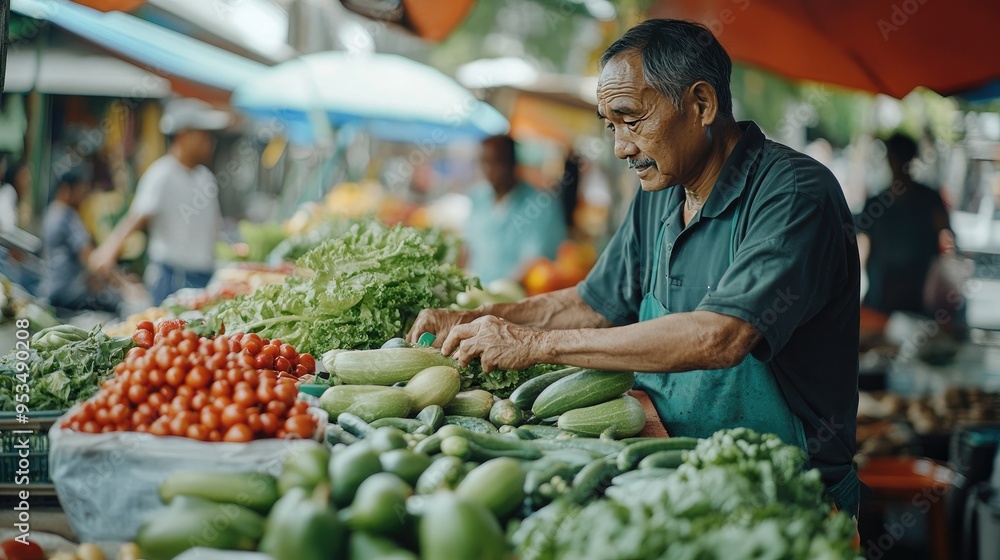 Man arranging fresh vegetables at a vibrant outdoor market stall, showcasing an assortment of greens and tomatoes.. Man arranging fresh vegetables at a vibrant outdoor market stall, showcasing an assortment of greens and tomatoes..