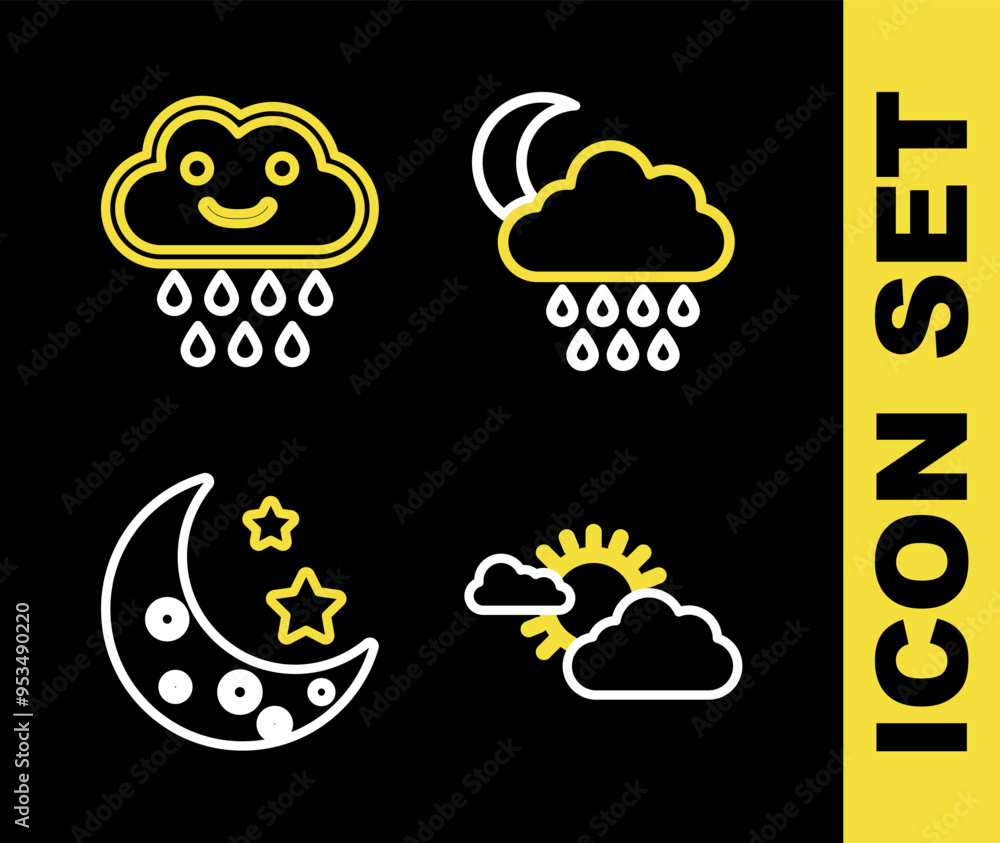 Set line Cloud with rain and moon, Sun cloud weather, Moon stars and icon. Vector Set line Cloud with rain and moon, Sun cloud weather, Moon stars and icon. Vector