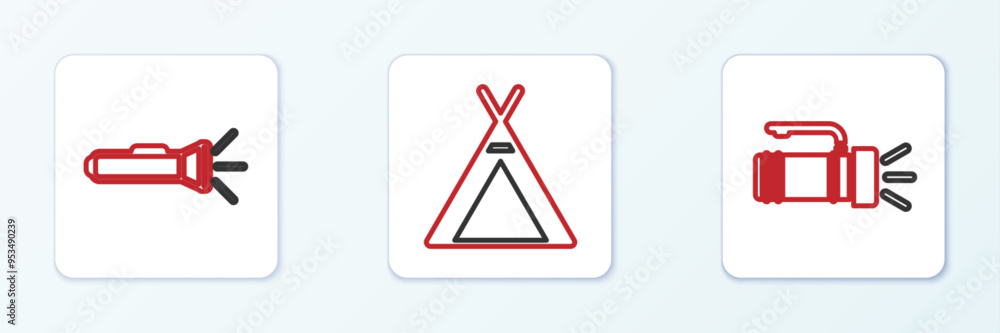 Set line Flashlight, and Tourist tent icon. Vector Set line Flashlight, and Tourist tent icon. Vector