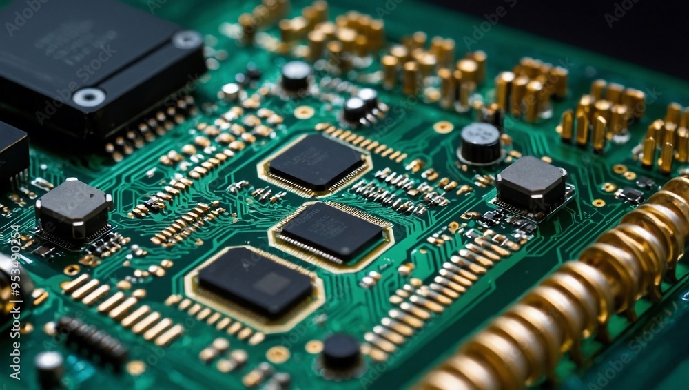 A detailed circuit chip against a green board, showcasing precision engineering in computer components. A detailed circuit chip against a green board, showcasing precision engineering in computer components.