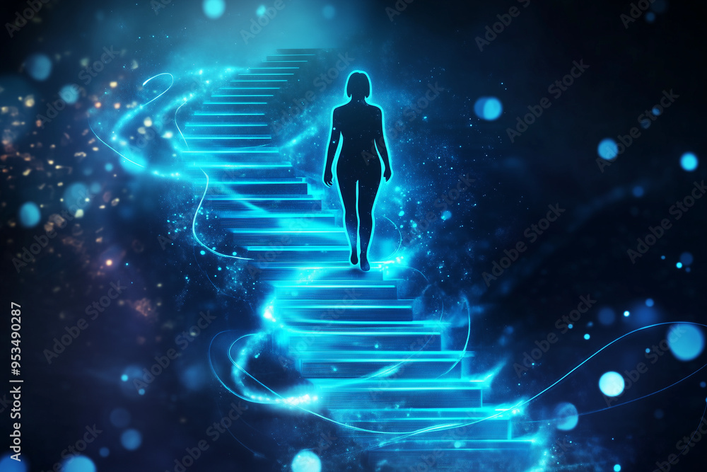 A digital illustration of a person ascending stairs, drawn by a hand, representing career progression, glowing blue lines, bokeh light effects, futuristic and professional, with ro A digital illustration of a person ascending stairs, drawn by a hand, representing career progression, glowing blue lines, bokeh light effects, futuristic and professional, with ro