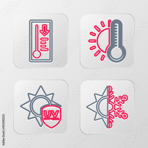Set line Sun and snowflake, UV protection, Thermometer with sun and Meteorology thermometer icon. Vector