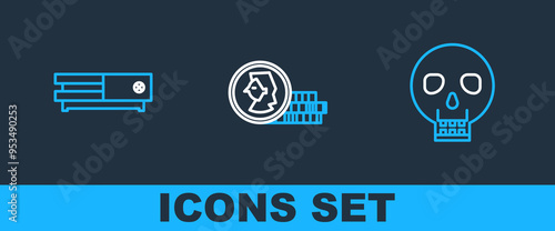 Set line Skull, Video game console and Coin for icon. Vector