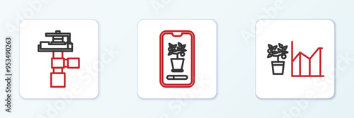 Set line Flower statistics, Automatic irrigation sprinklers and Smart control farming system icon. Vector