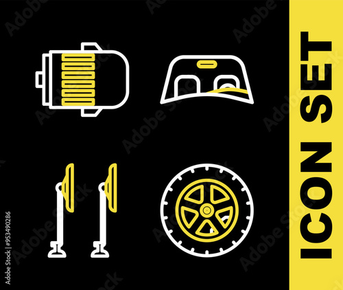 Set line Car windscreen, wheel, Windscreen wiper and Electric engine icon. Vector
