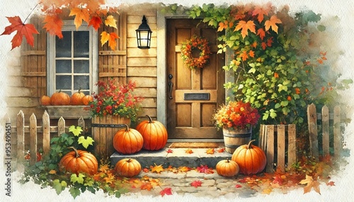 A cozy cottage entryway with pumpkins arranged on the doorstep clipart