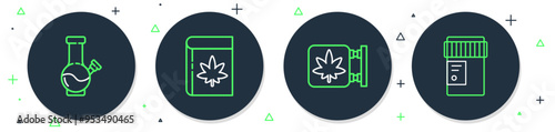 Set line Book and marijuana or cannabis, Marijuana store, Glass bong for smoking and Medical bottle with icon. Vector