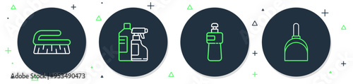 Set line Bottles for cleaning agent, Dishwashing liquid bottle, Brush and Dustpan icon. Vector