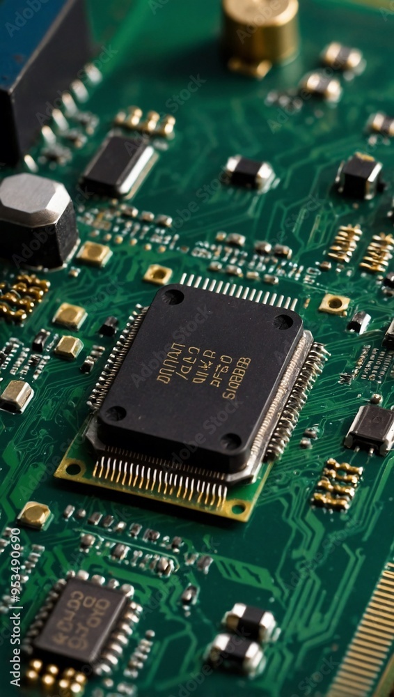 A detailed circuit chip set against a green board, highlighting the precision in computer components. A detailed circuit chip set against a green board, highlighting the precision in computer components.