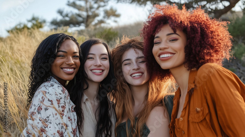 Group of diverse individuals, varying body shapes, natural light, no retouching, outdoor setting, celebrating true beauty