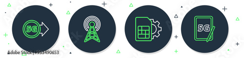 Set line Antenna, Sim card setting, 5G network and Graphic tablet with icon. Vector