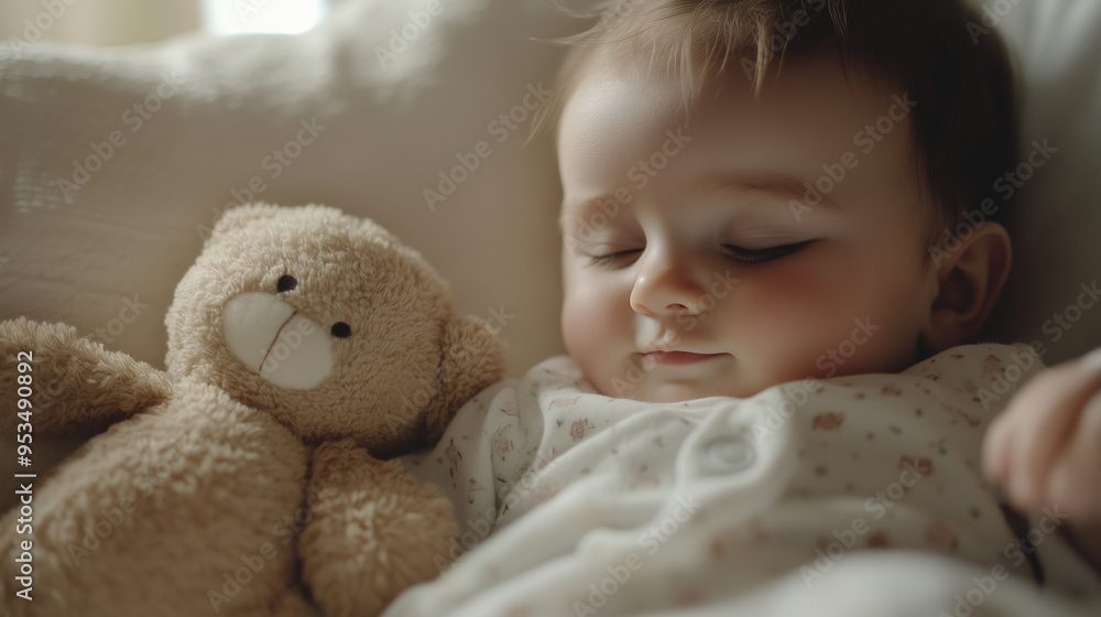 A baby during nap time, cuddling with a soft toy, peaceful expression, soft and warm lighting, calm and serene A baby during nap time, cuddling with a soft toy, peaceful expression, soft and warm lighting, calm and serene