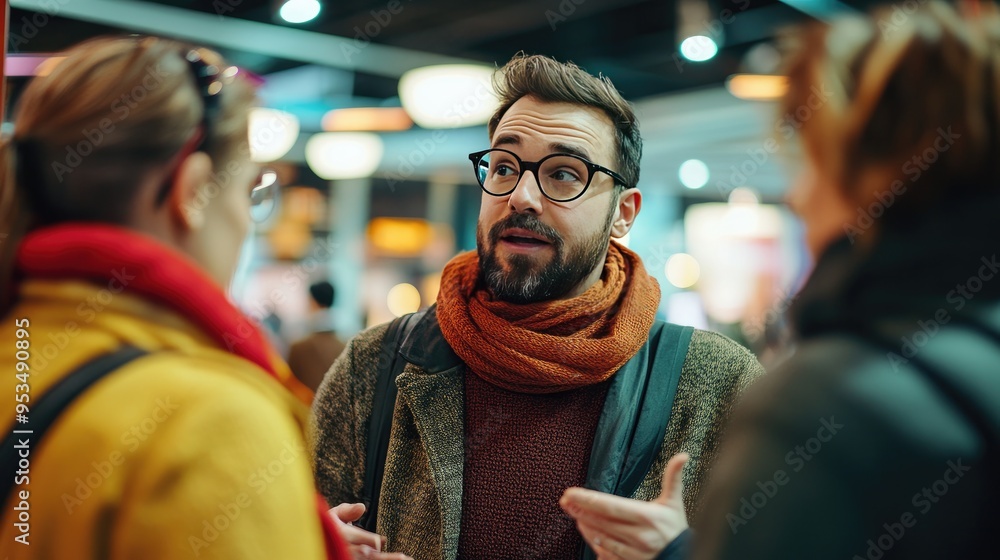 A business professional wearing glasses passionately discusses ideas with colleagues during a conference, fostering collaboration and networking.. A business professional wearing glasses passionately discusses ideas with colleagues during a conference, fostering collaboration and networking..