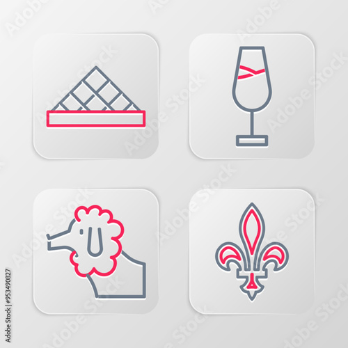 Set line Fleur De Lys, Poodle dog, Wine glass and Louvre museum icon. Vector