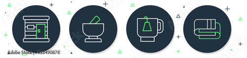 Set line Mortar and pestle, Cup of tea with tea bag, Sauna wooden bathhouse and Towel stack icon. Vector
