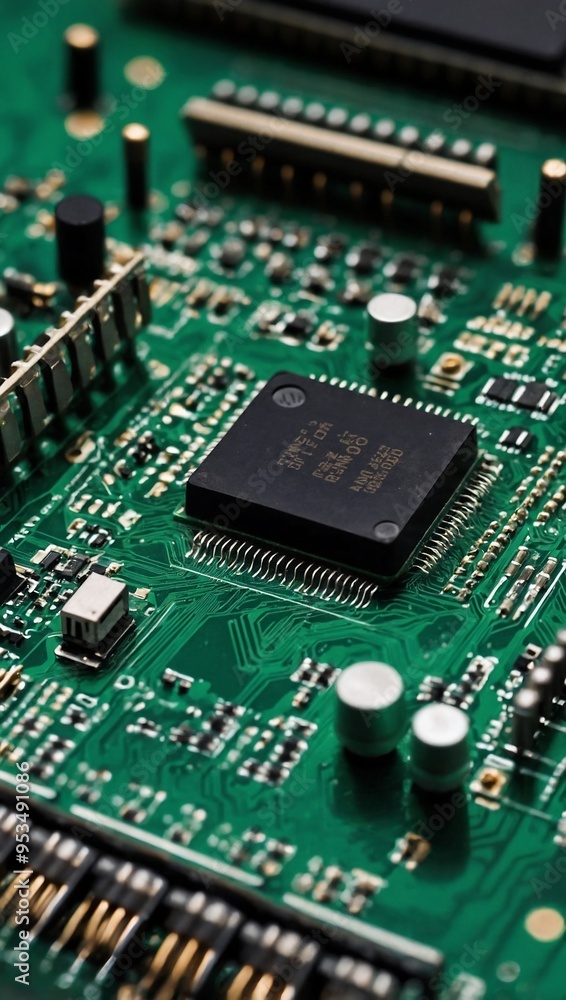 A detailed circuit chip set against a green board, highlighting the precision in computer components. A detailed circuit chip set against a green board, highlighting the precision in computer components.