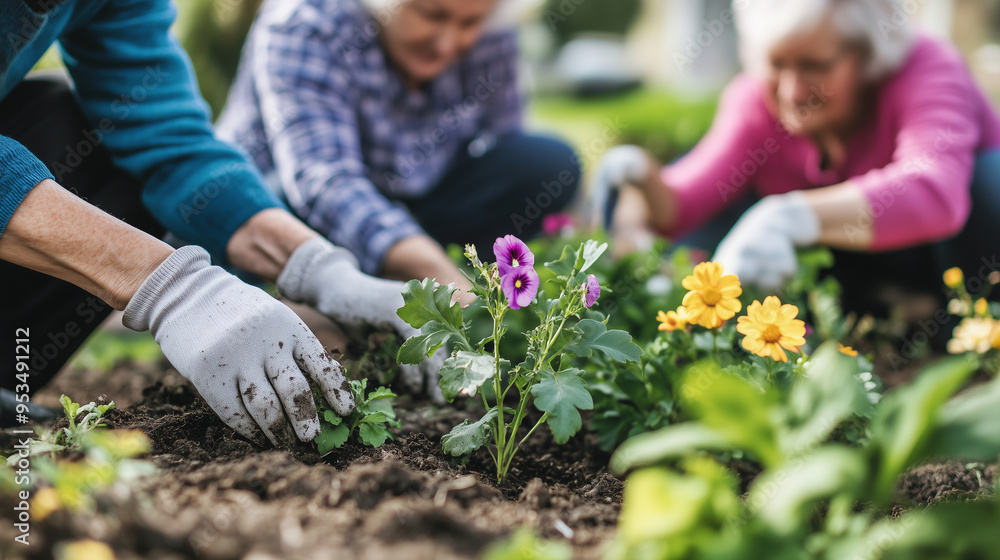 Seniors enjoying a gardening activity, planting flowers together, bright and sunny day, hands-on, nurturing connection with nature Seniors enjoying a gardening activity, planting flowers together, bright and sunny day, hands-on, nurturing connection with nature
