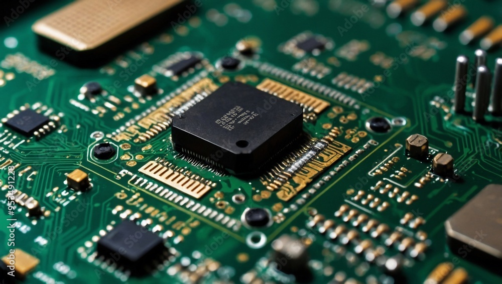A detailed circuit chip shown against a green board, emphasizing computer component precision. A detailed circuit chip shown against a green board, emphasizing computer component precision.