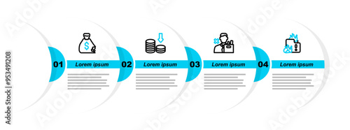 Set line Fire in burning house, Employee dismissal, Dollar rate decrease and Money bag icon. Vector