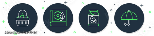 Set line Herbarium, Jam jar, Basket and food and Umbrella icon. Vector