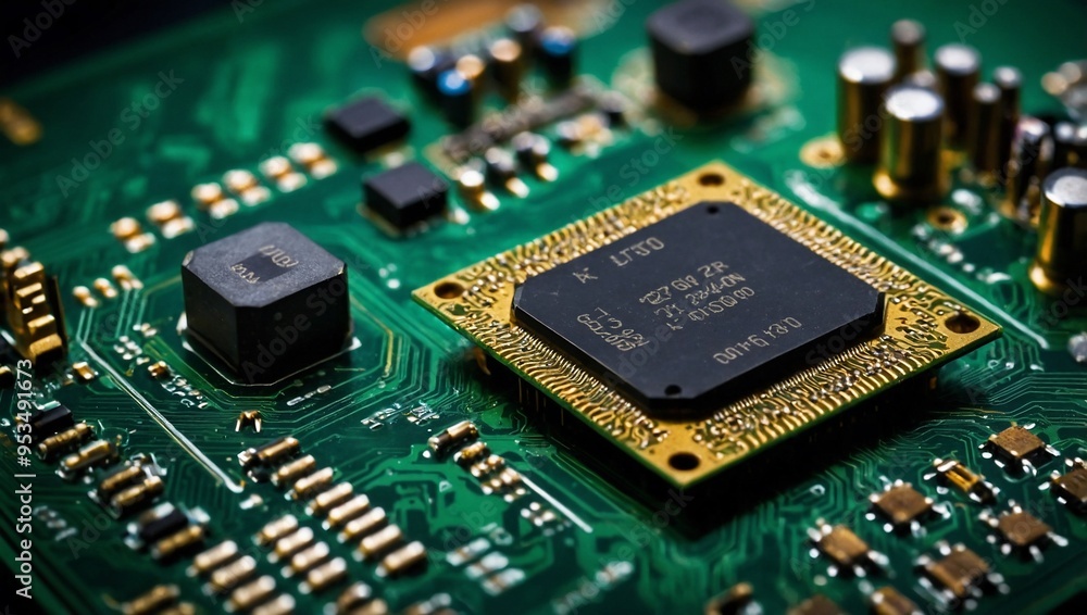 A detailed circuit chip shown against a green board, emphasizing computer component precision. A detailed circuit chip shown against a green board, emphasizing computer component precision.